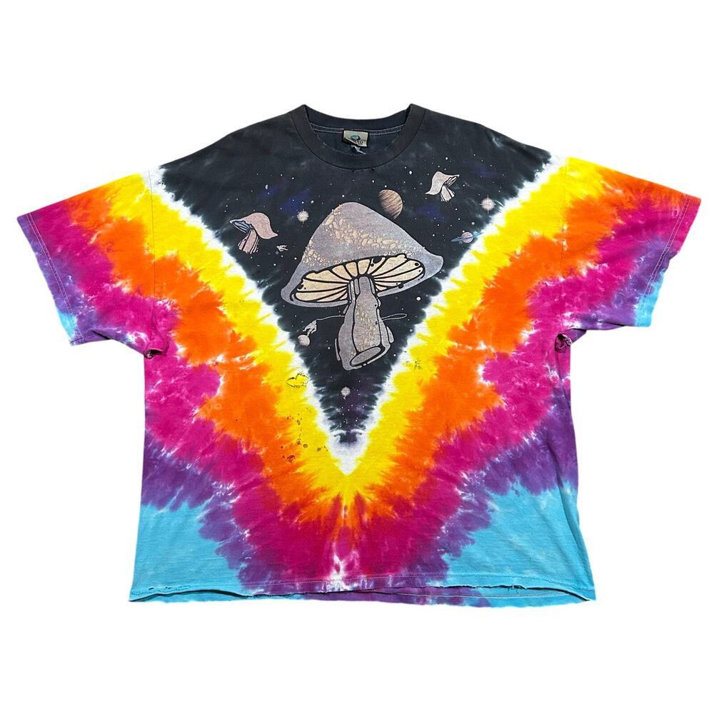 Liquid Blue Mushrooms In Space T-Shirt Men’s 3XL Distressed Thrashed Tie Dye Tee